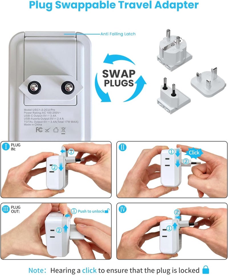 VINTAR مجموعة محول السفر الأوروبية، محول لمقبس أوروبا مع 3 منافذ USB (2 USB C) و 4 مآخذ AC، ملحقات قابلة للفصل من نوع C، G، E/F، محول طاقة دولي لأوروبا المملكة المتحدة فرنسا إيطاليا - Image 2